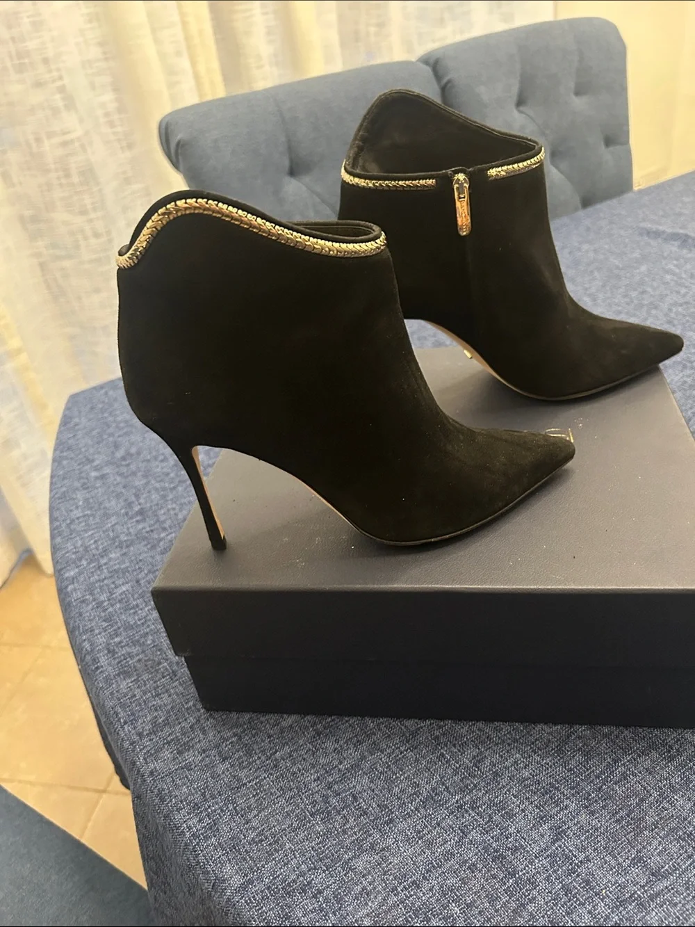 Sergio Rossi Black Suede Pointed Ankle Booties with Gold Trim